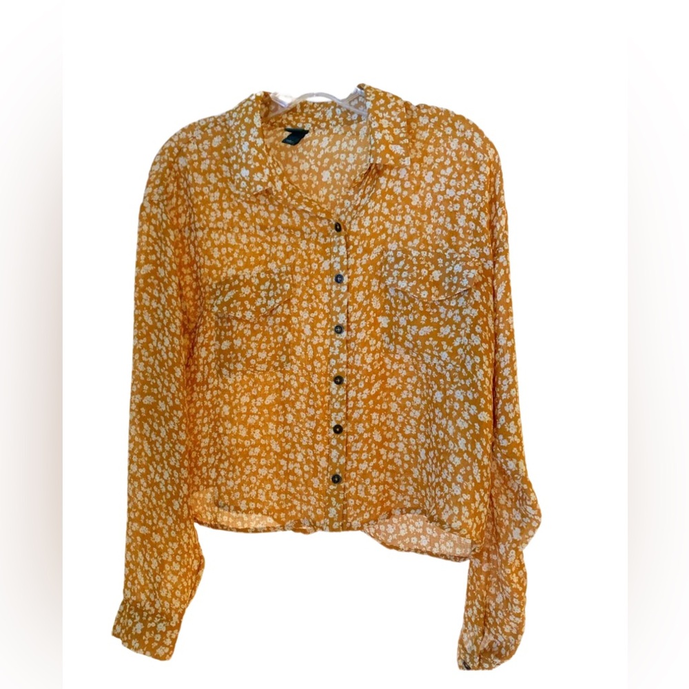 Cropped Floral Mustard Button Down Shirt